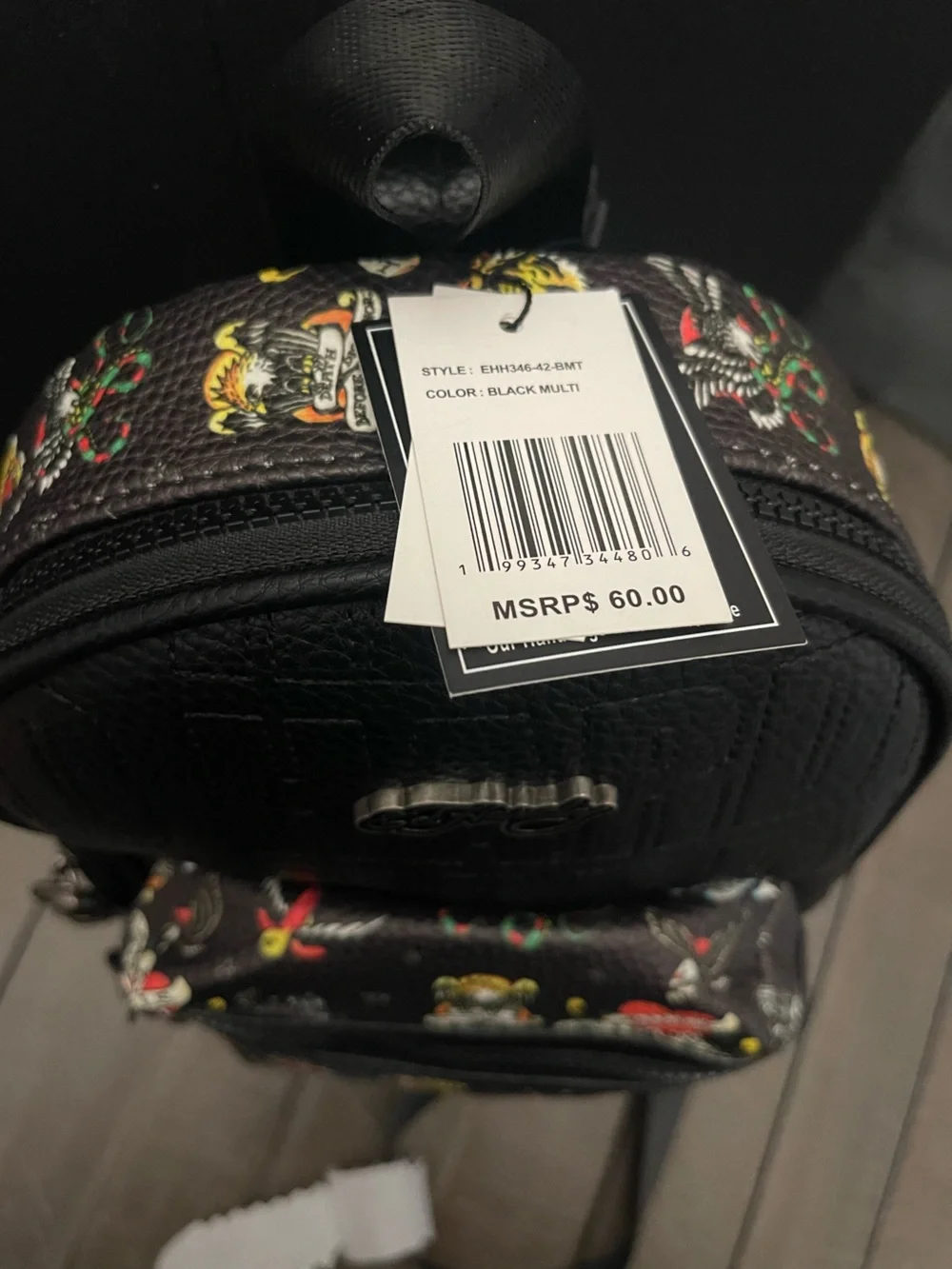 Ed Hardy Black Mini Sling Bag with Multicolor Tattoo Motifs